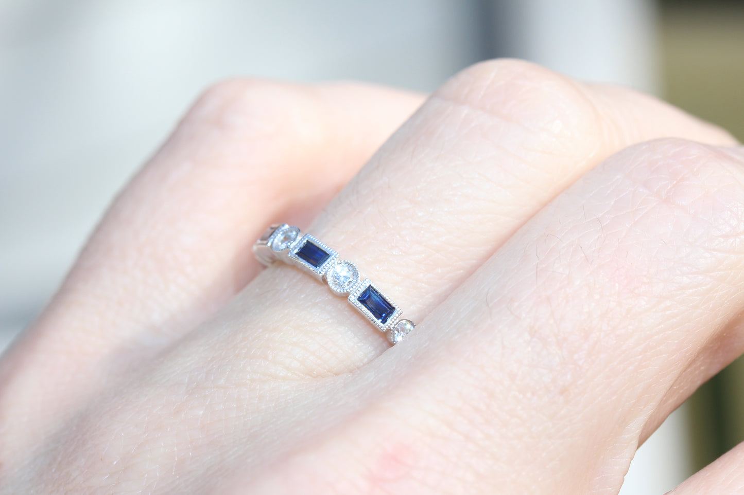 Diamondaire Vintage Styled Round Diamond and Blue Sapphire Baguette Band