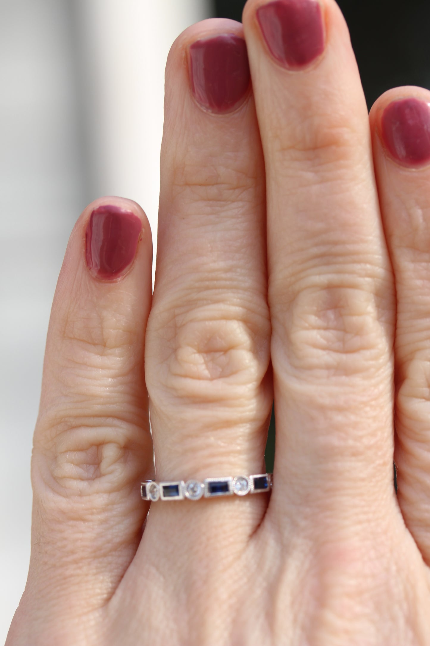 Diamondaire Vintage Styled Round Diamond and Blue Sapphire Baguette Band