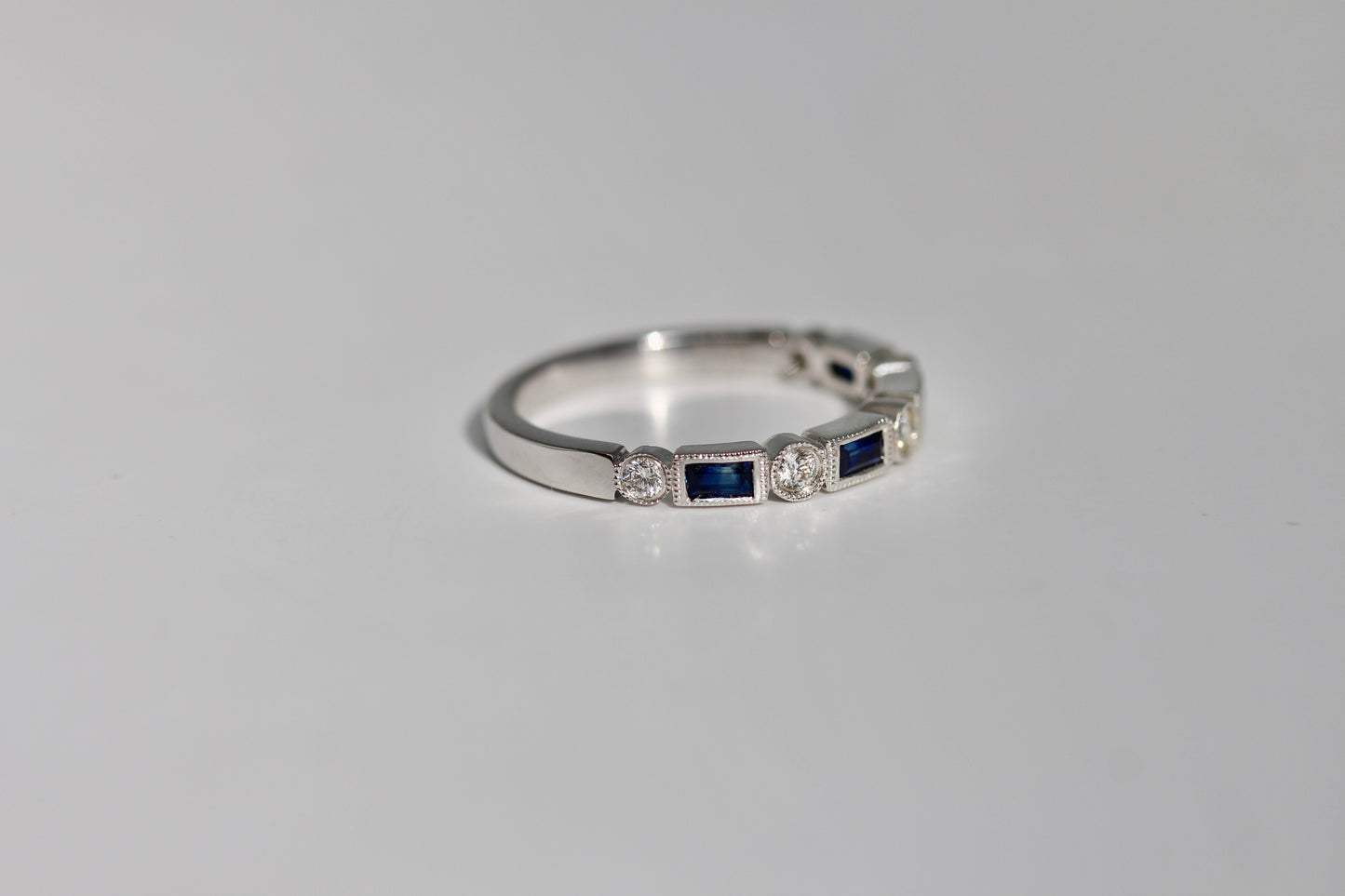 Diamondaire Vintage Styled Round Diamond and Blue Sapphire Baguette Band