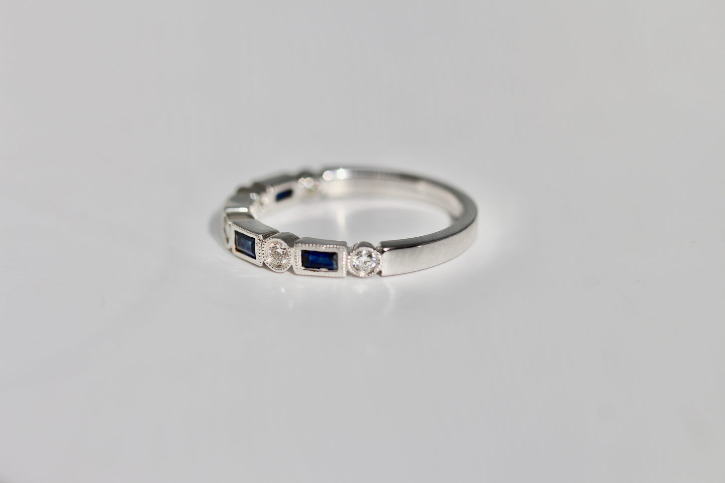 Diamondaire Vintage Styled Round Diamond and Blue Sapphire Baguette Band