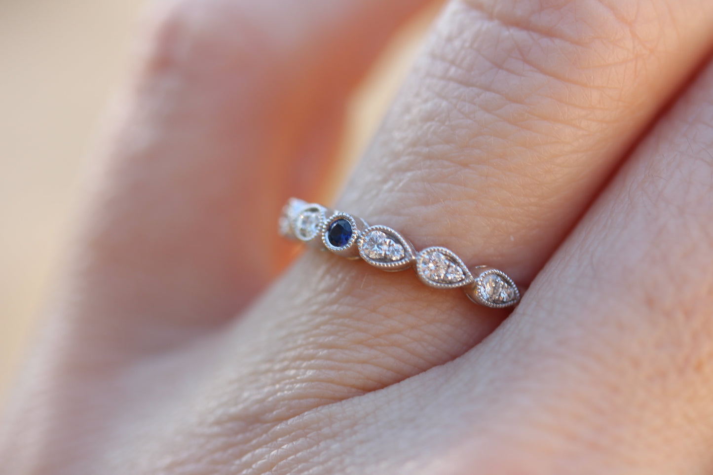 Diamondaire Round Blue Sapphire & Diamond Stackable Ring