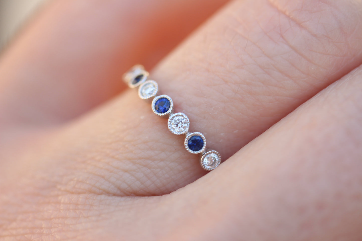 Diamondaire Round Cut Blue Sapphire & Diamond Stackable Ring