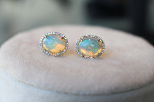 Genuine Opal Oval Cut Earrings Surrounded by a Halo of Diamonds