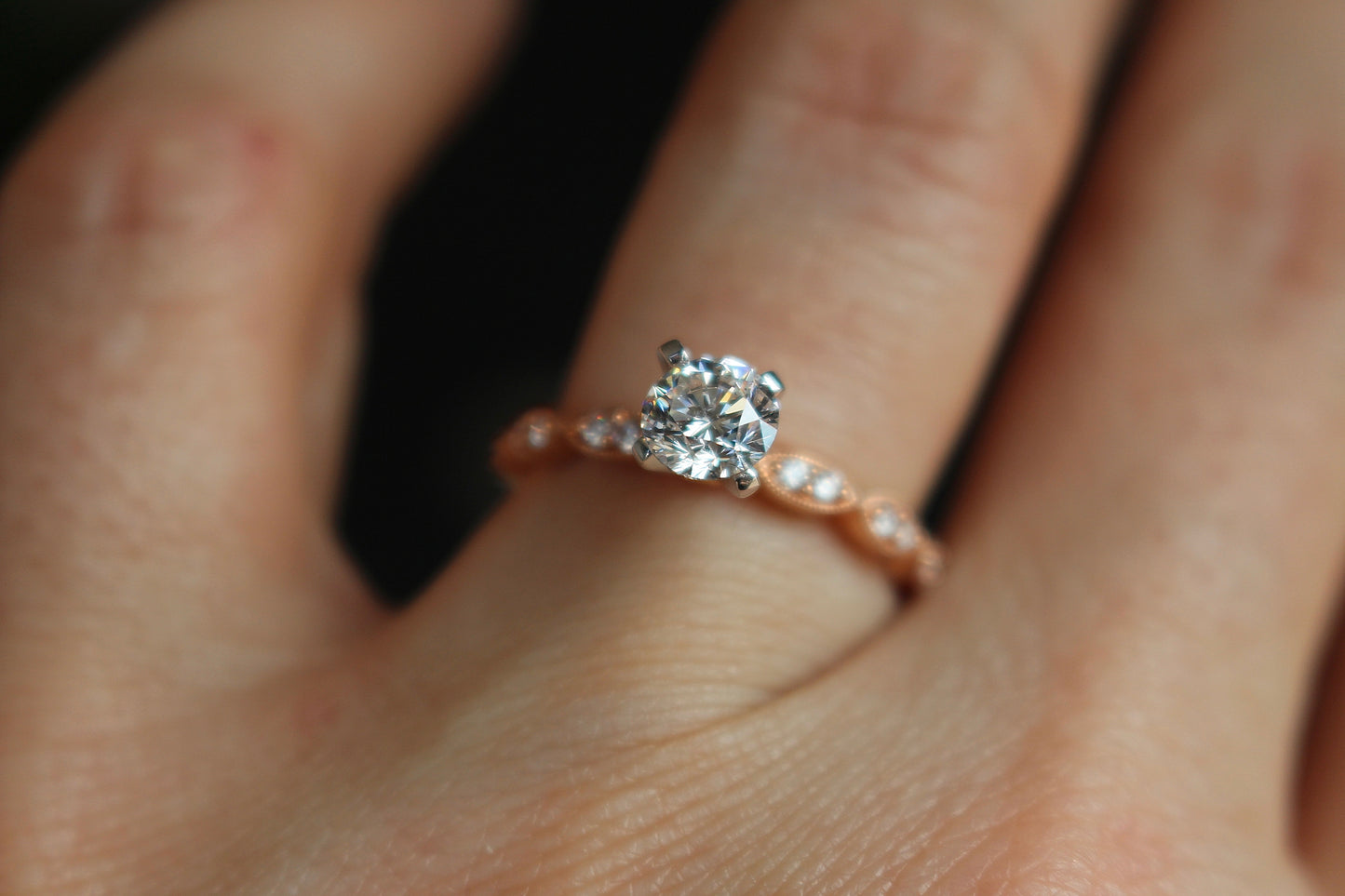 Slim Rose Gold and Diamond Scalloped Vintage Styled Engagement Ring