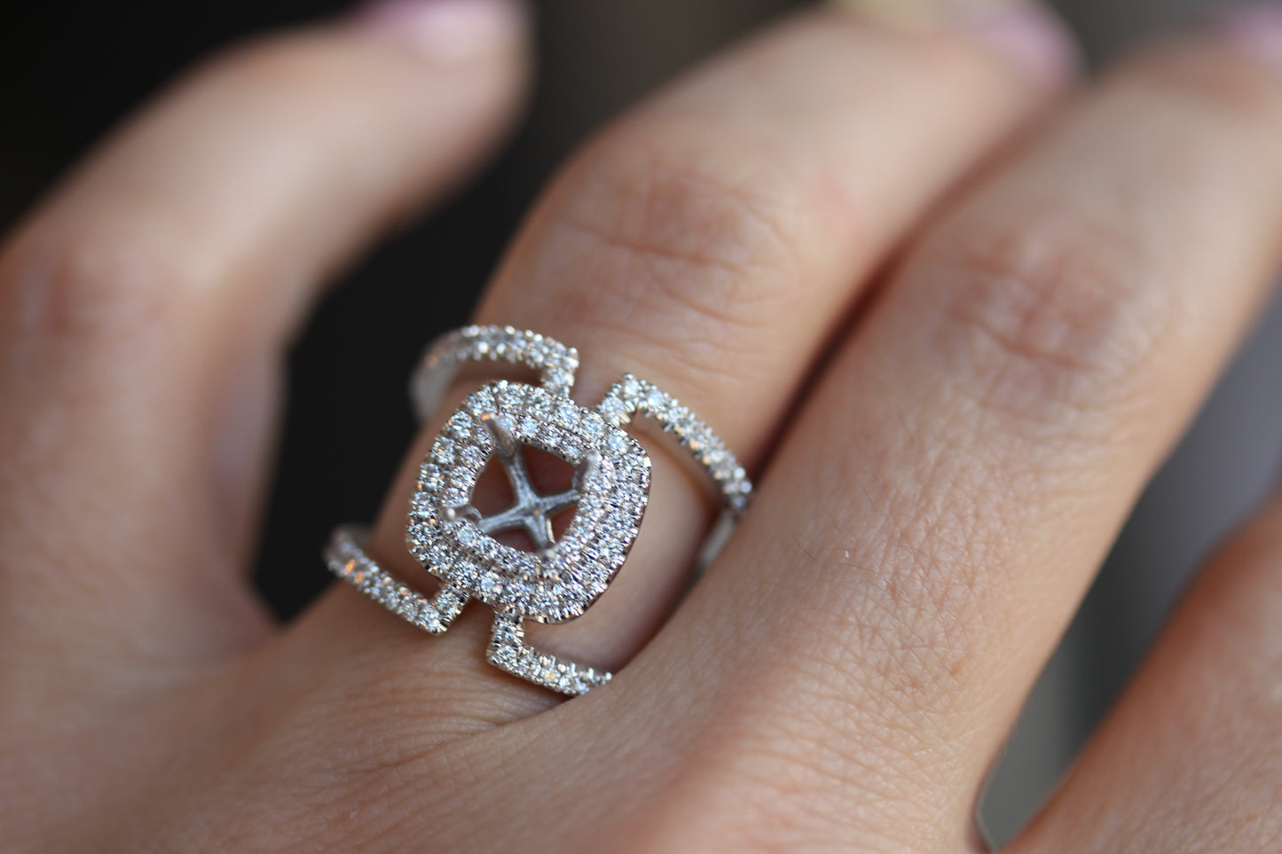 Wide 14K White Gold Double Halo Open Space Engagement Ring
