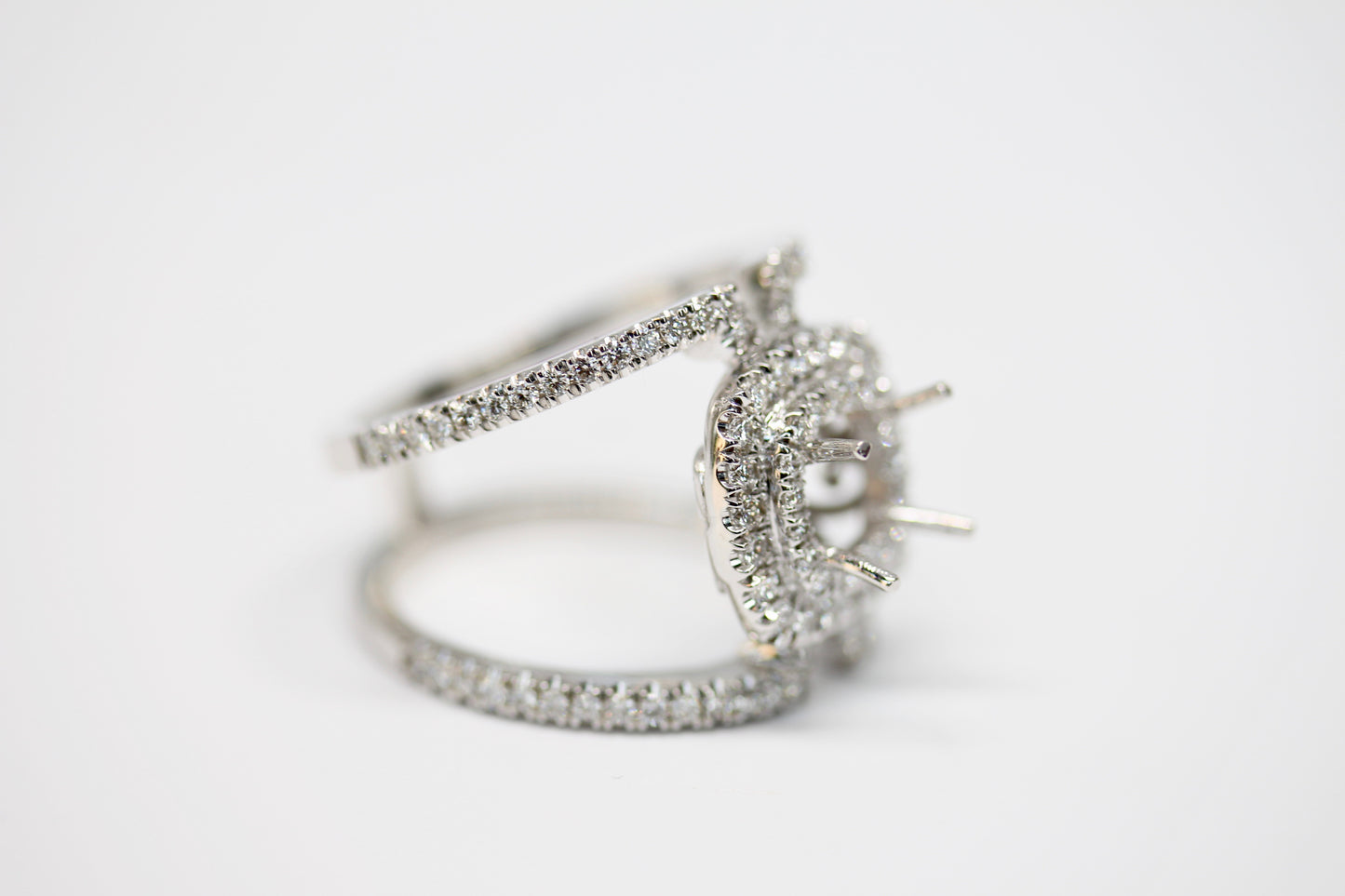 Wide 14K White Gold Double Halo Open Space Engagement Ring