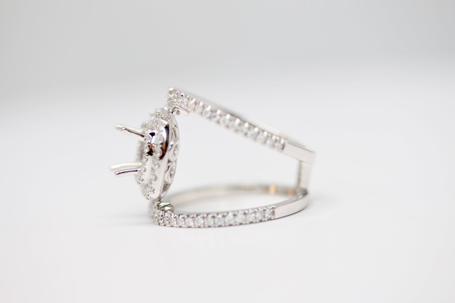 Wide 14K White Gold Double Halo Open Space Engagement Ring