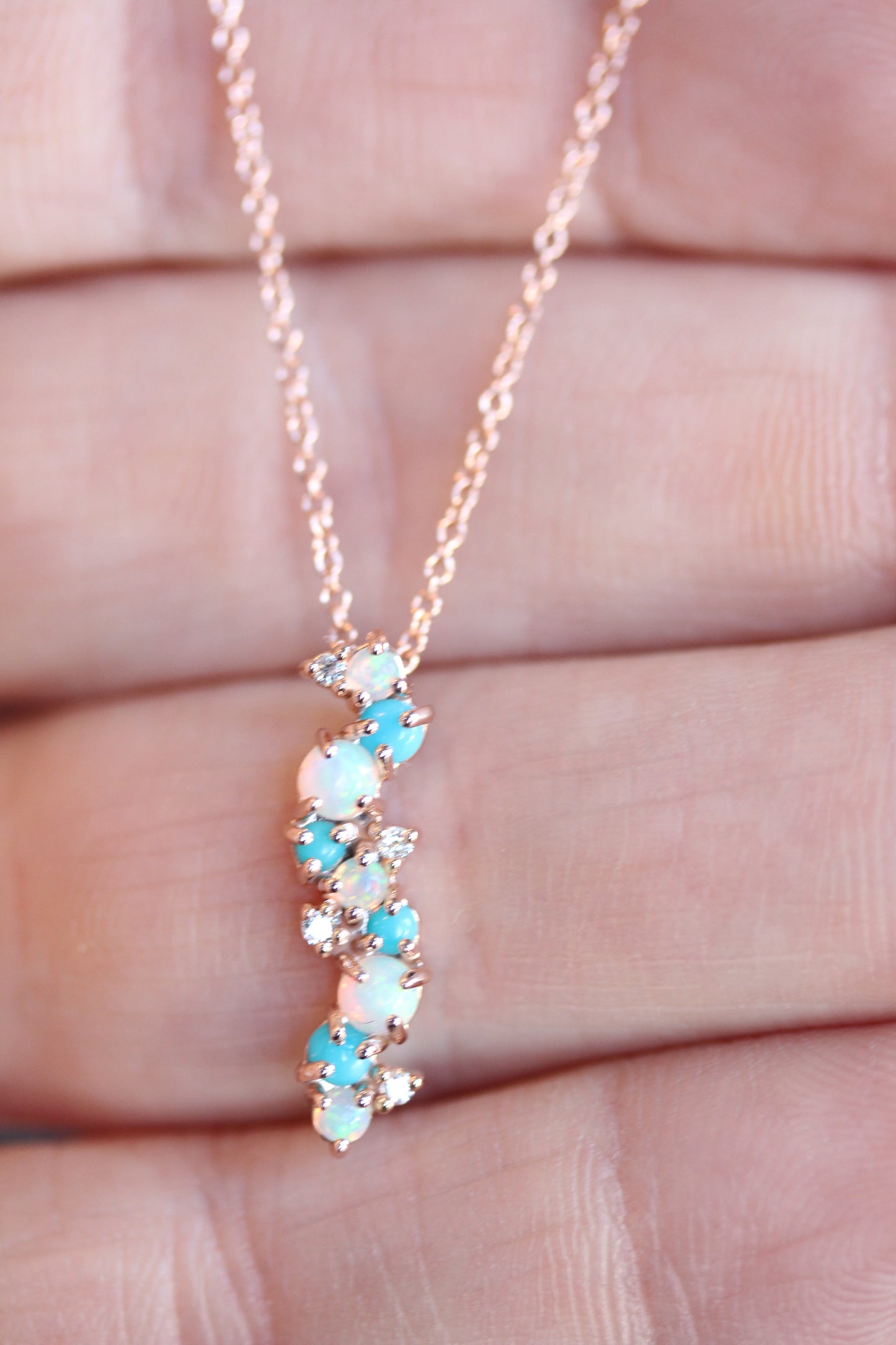 Genuine Ethiopian Opal, Diamond, and Turquoise Pendant in 14kt Rose Gold