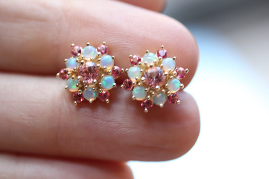 Genuine Ethiopian Opal Cabochon & Pink Topaz Snowflake Earrings