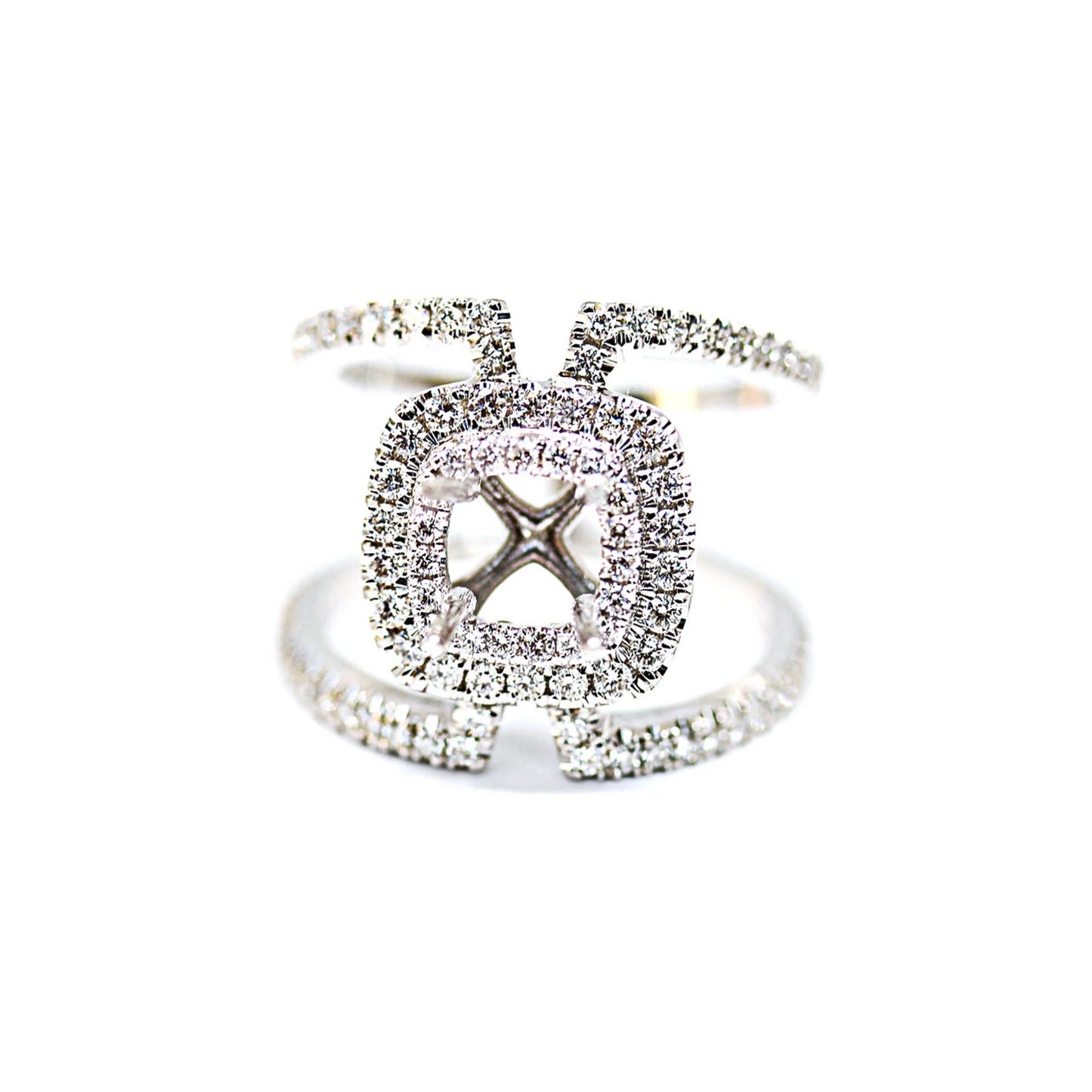 Wide 14K White Gold Double Halo Open Space Engagement Ring