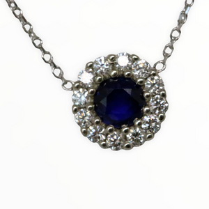 Round Blue Sapphire Diamond Halo Pendant in 14kt White Gold