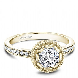 yellow gold shared prong engagement ring