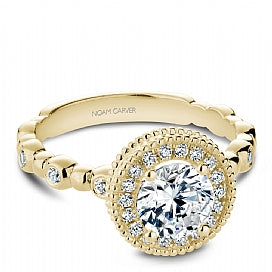 yellow gold halo engagement ring with antique mil-grain