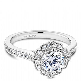 white gold antique styled halo engagement ring for round center diamond