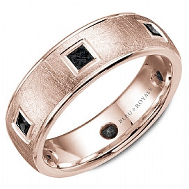 Textured Mens Wedding Band with Black Diamonds in Rose Gold