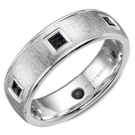 Textured Mens Wedding Band with Black Diamonds in White Gold