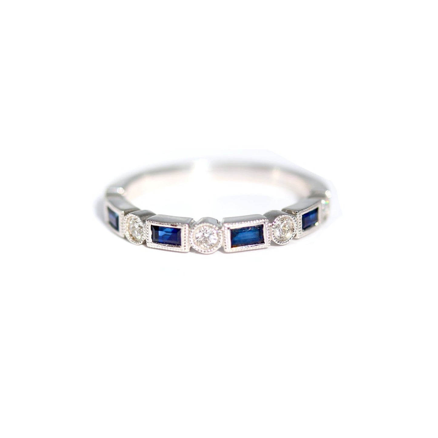 Diamondaire Vintage Styled Round Diamond and Blue Sapphire Baguette Band