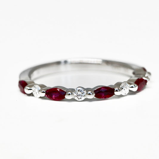 Alternating Marquise Cut Ruby and Round Diamond Stackable Ring
