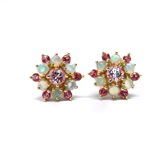 Genuine Ethiopian Opal Cabochon & Pink Topaz Snowflake Earrings