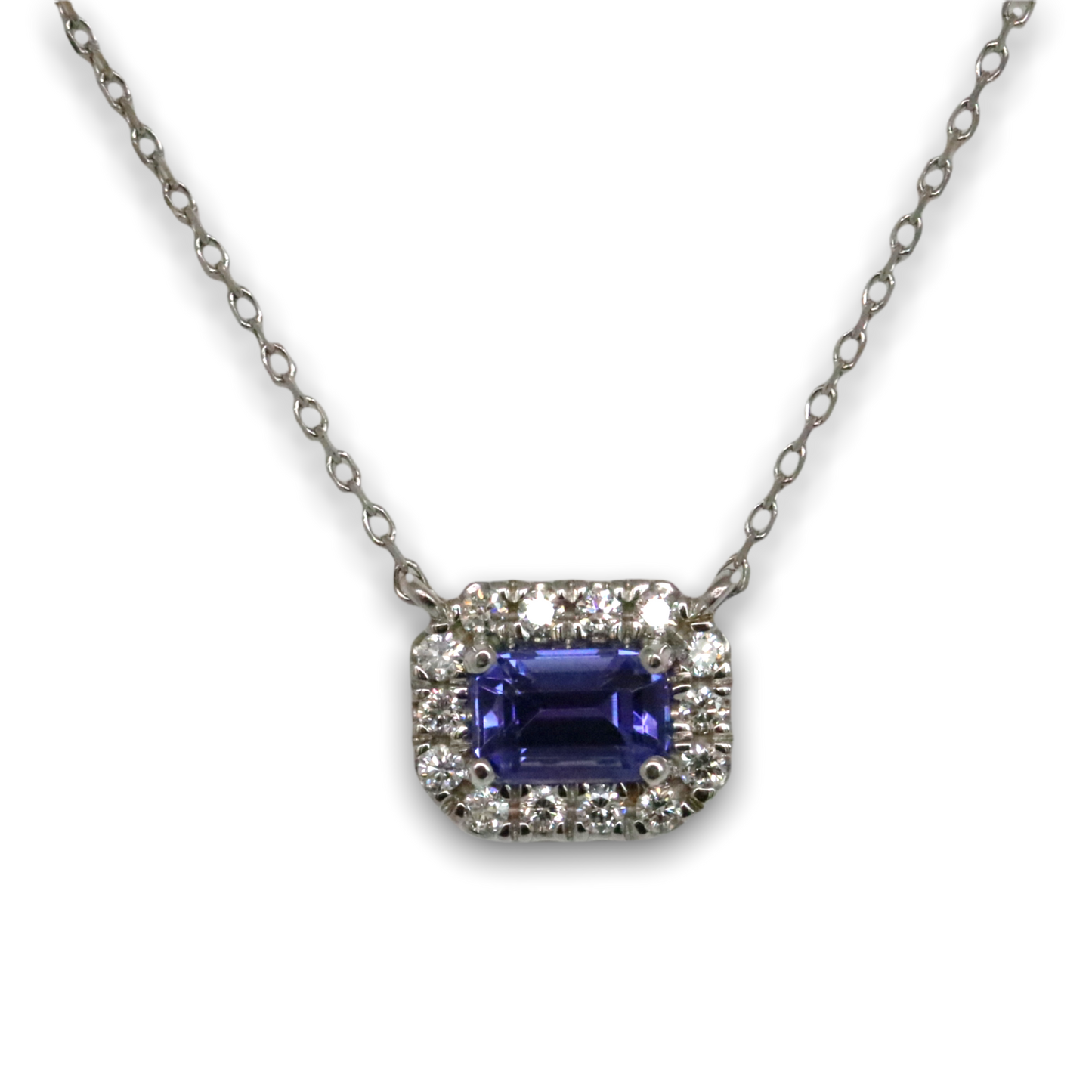 Emerald Cut Tanzanite and Diamond Halo Pendant