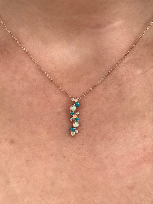 Genuine Ethiopian Opal, Diamond, and Turquoise Pendant in 14kt Rose Gold