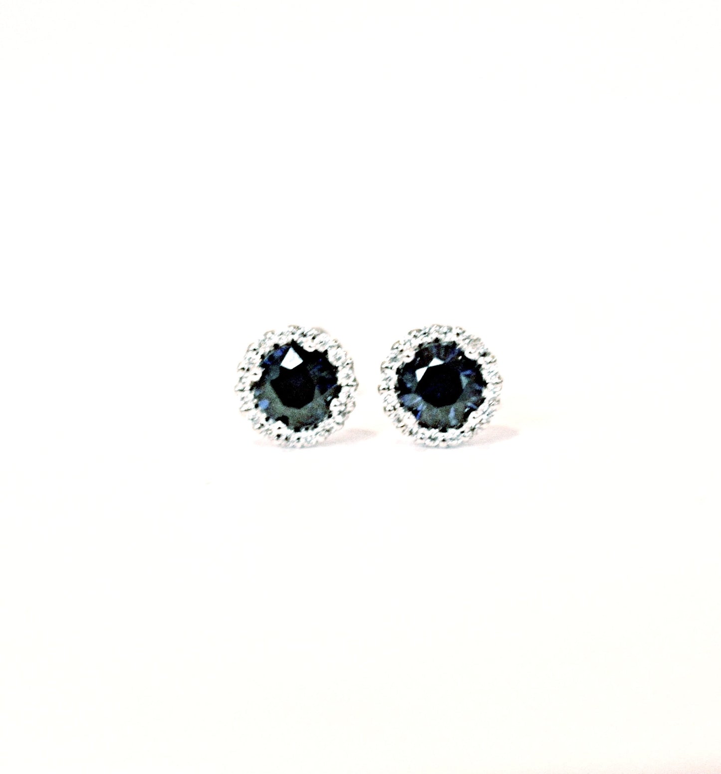 Genuine Round Blue Sapphire Earrings Surrounded by a Diamond Halo