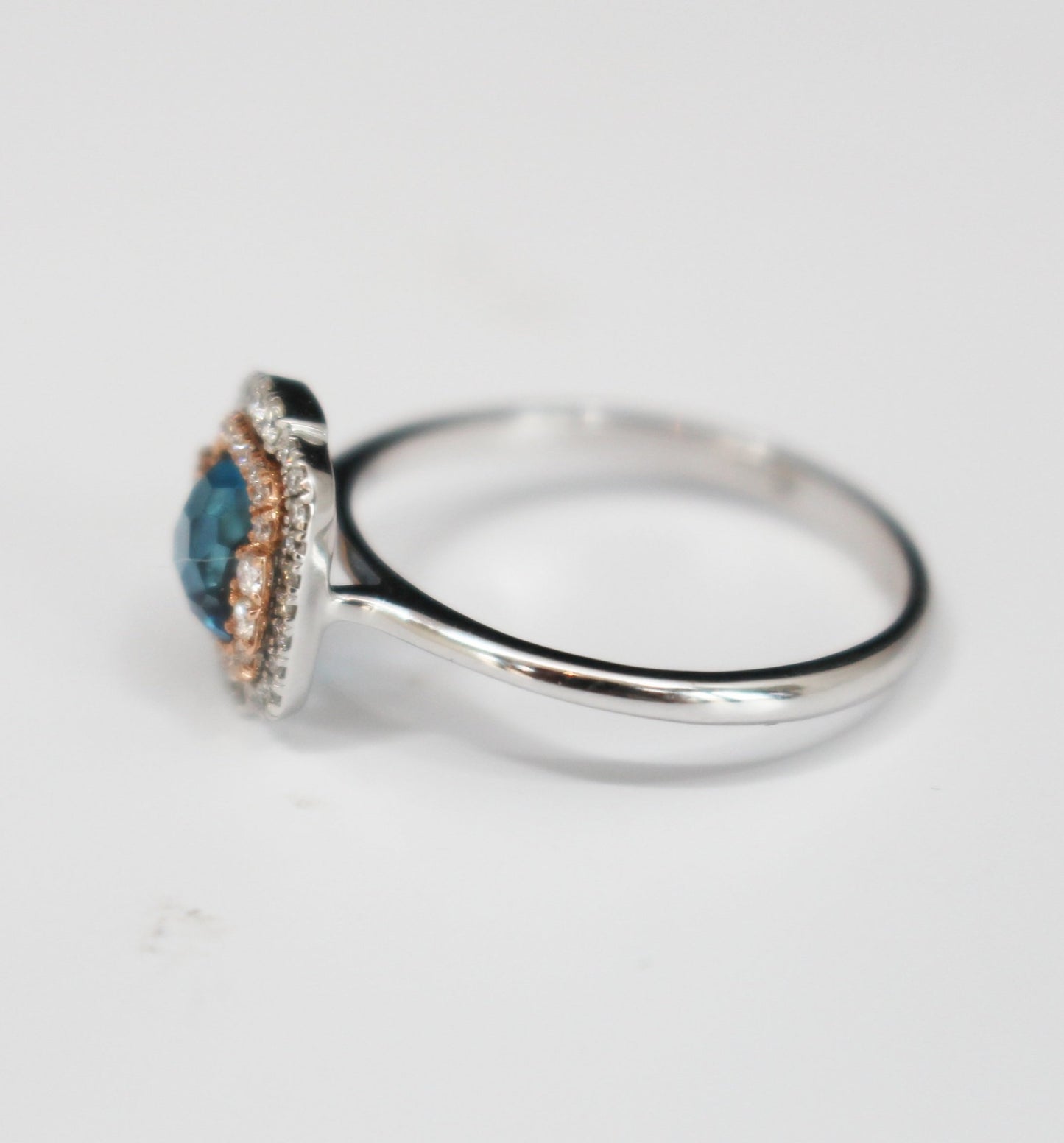 Two-Tone Double Halo Cushion Cut London Blue Topaz Fashion Ring