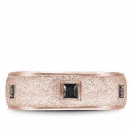 Textured Mens Wedding Band with Black Diamonds in Rose Gold