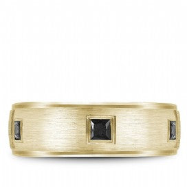 Textured Mens Wedding Band with Black Diamonds in Yellow Gold
