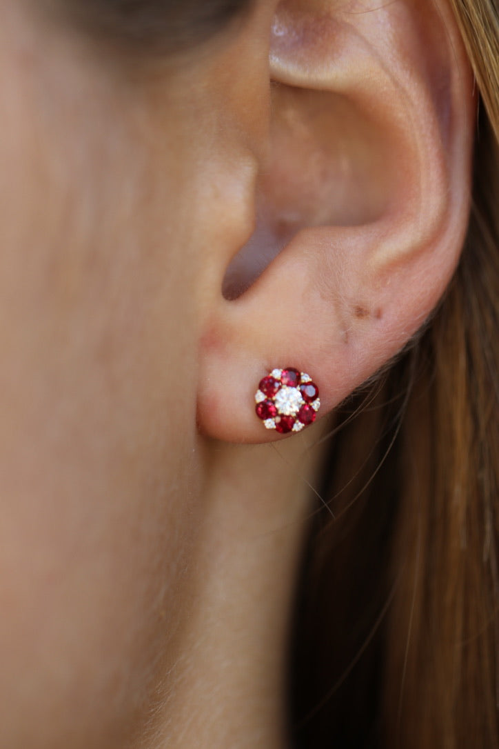 Round Ruby and Diamond Cluster Earrings in Solid 14k Gold