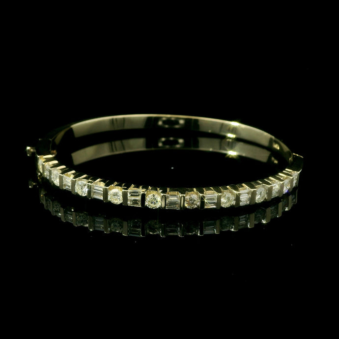 Solid 14K Yellow Gold Diamond Bangle – Bar Set with Round & Baguette Diamonds