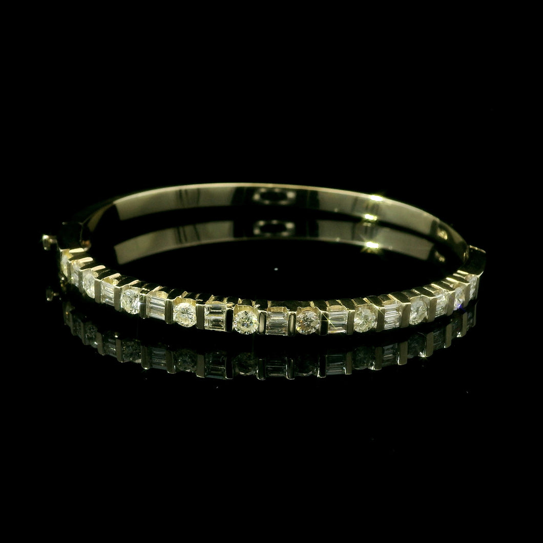 Solid 14K Yellow Gold Diamond Bangle – Bar Set with Round & Baguette Diamonds