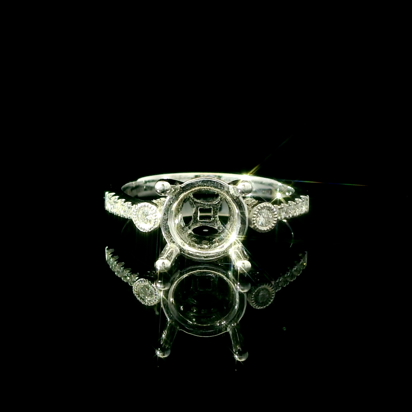 14K White Gold Round Vintage-Inspired 3 Stone Diamond Engagement Ring Setting