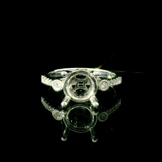 14K White Gold Round Vintage-Inspired 3 Stone Diamond Engagement Ring Setting