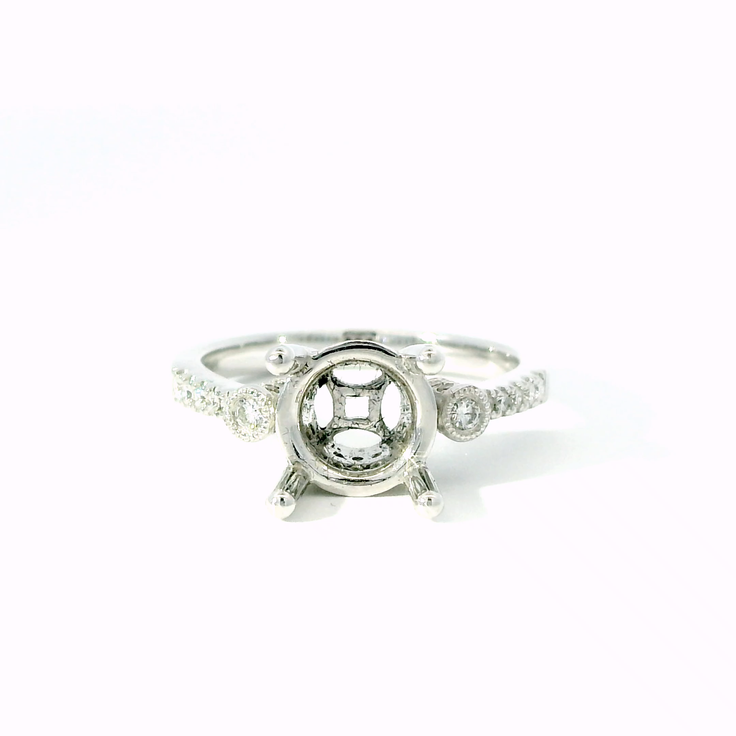 14K White Gold Round Vintage-Inspired 3 Stone Diamond Engagement Ring Setting