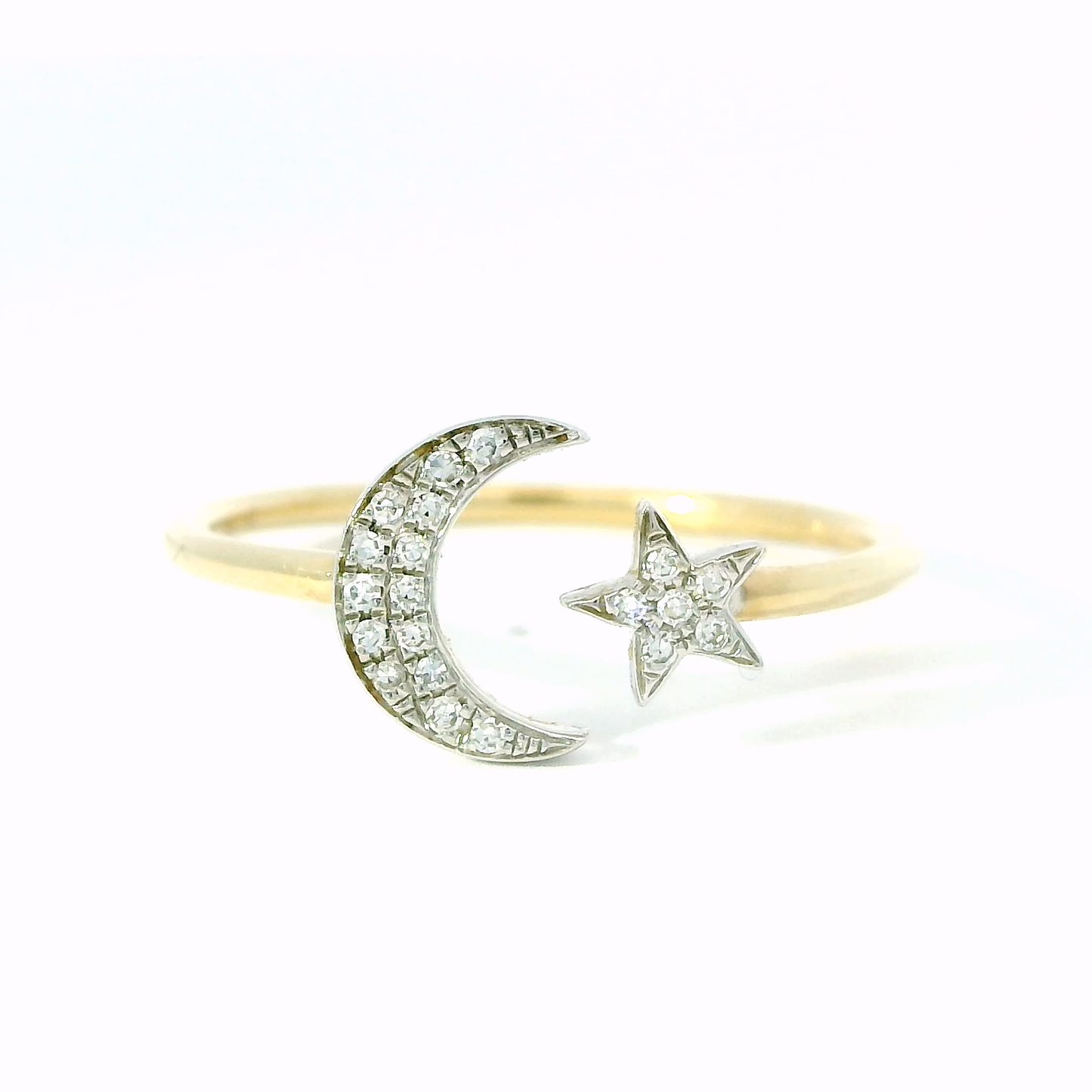 14K Two-Tone Gold Diamond Moon and Star Ring