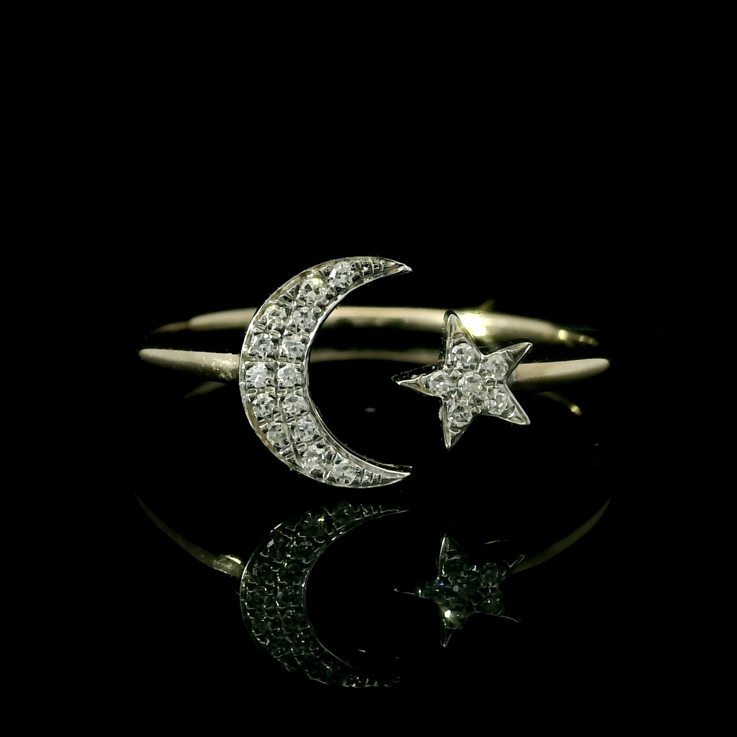 14K Two-Tone Gold Diamond Moon and Star Ring