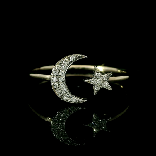 14K Two-Tone Gold Diamond Moon and Star Ring