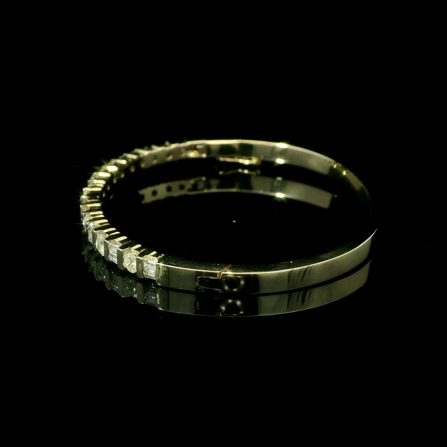 Solid 14K Yellow Gold Diamond Bangle – Bar Set with Round & Baguette Diamonds