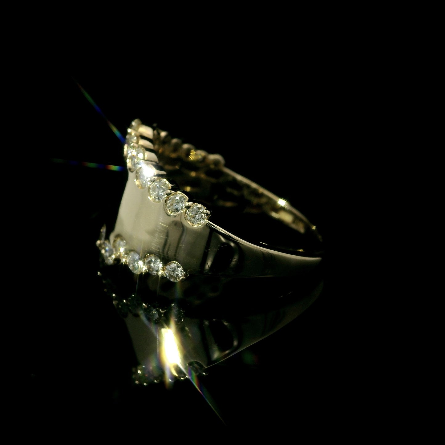 14K Yellow Gold Wide Diamond Border Band Ring