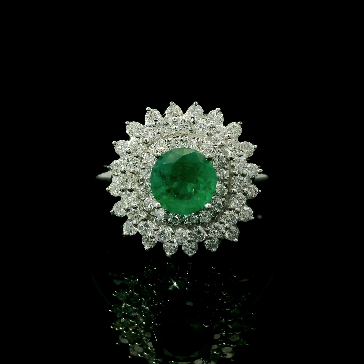 Round Emerald Starburst Double Halo Diamond Ring in 14K White Gold