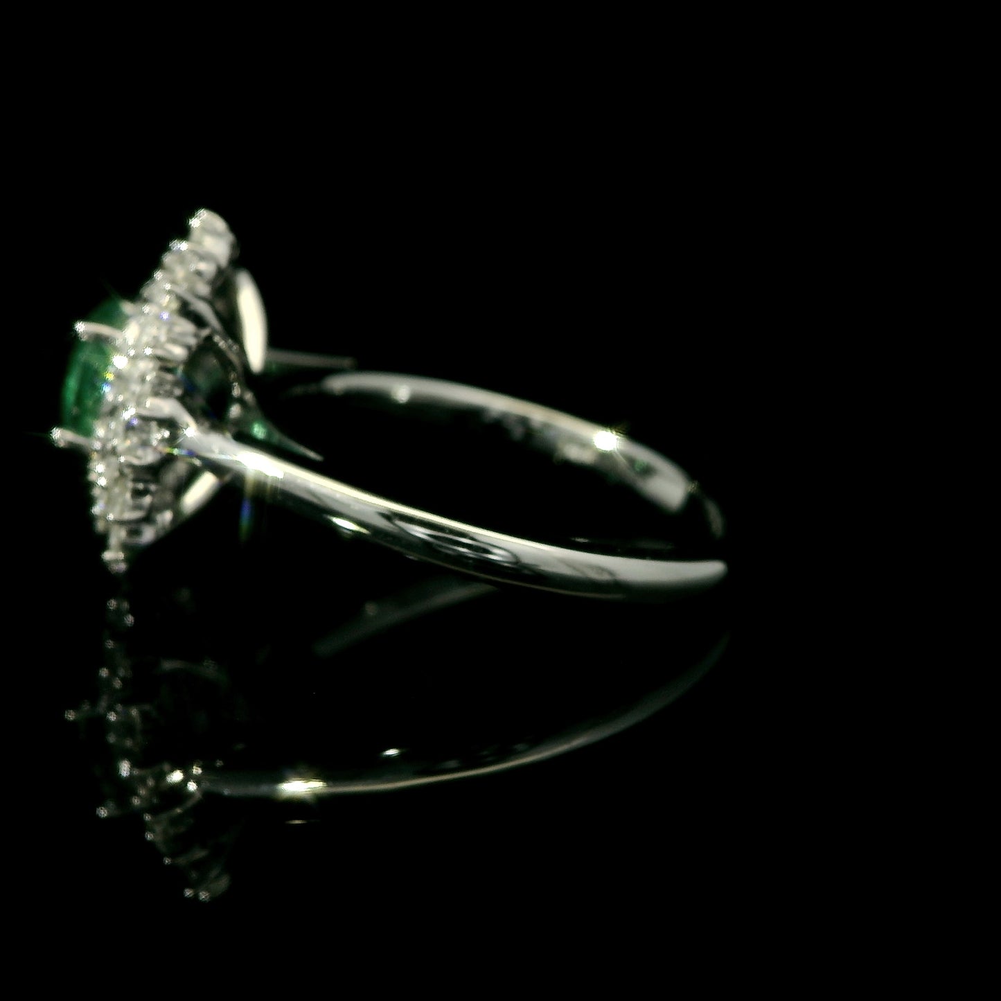 Round Emerald Starburst Double Halo Diamond Ring in 14K White Gold