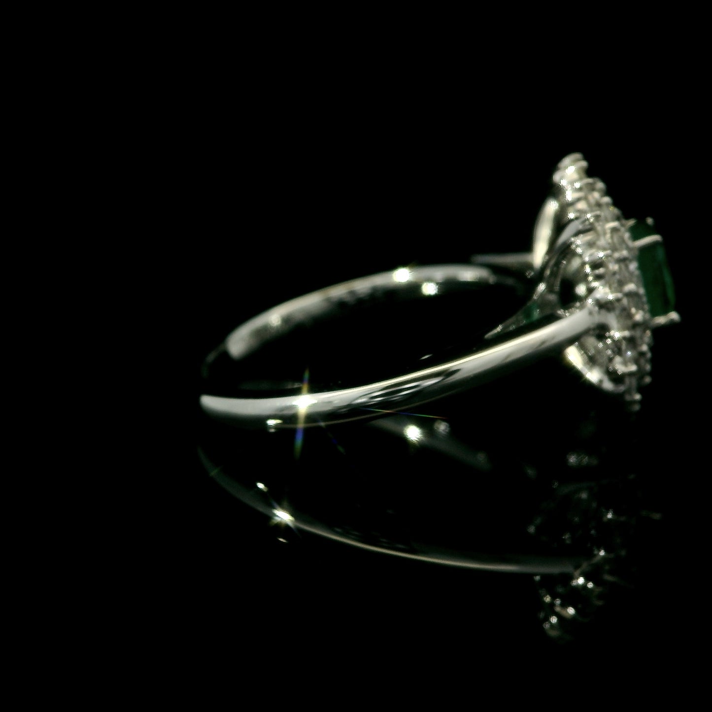 Round Emerald Starburst Double Halo Diamond Ring in 14K White Gold