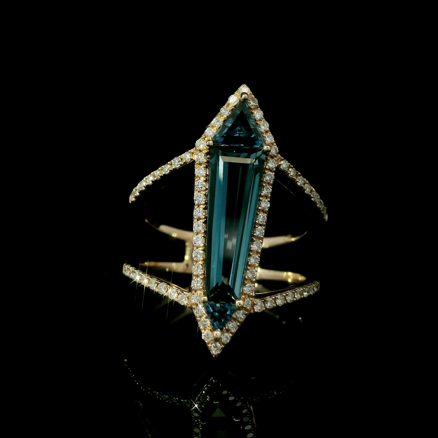 14K Rose Gold Geometric Blue Topaz & Diamond Halo Statement Ring