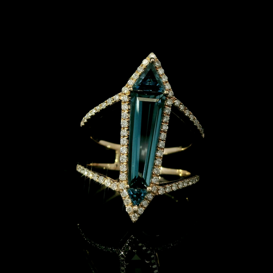 14K Rose Gold Geometric Blue Topaz & Diamond Halo Statement Ring