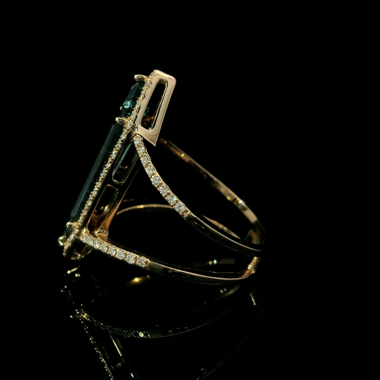 14K Rose Gold Geometric Blue Topaz & Diamond Halo Statement Ring