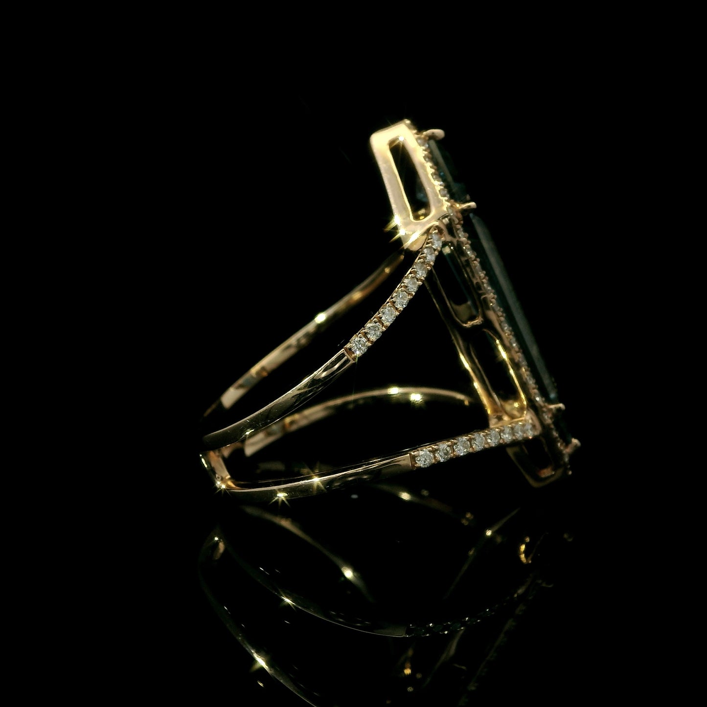 14K Rose Gold Geometric Blue Topaz & Diamond Halo Statement Ring