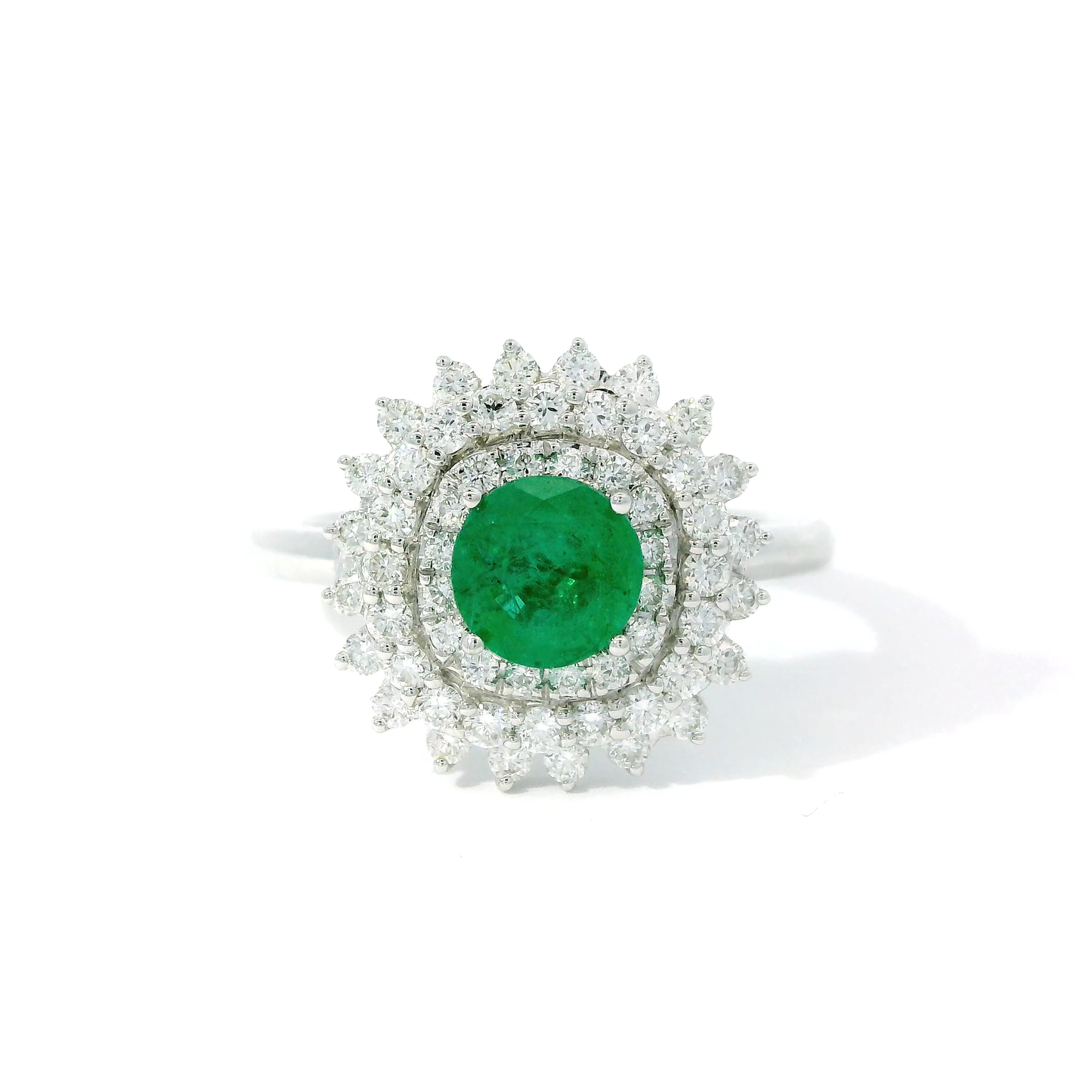Round Emerald Starburst Double Halo Diamond Ring in 14K White Gold