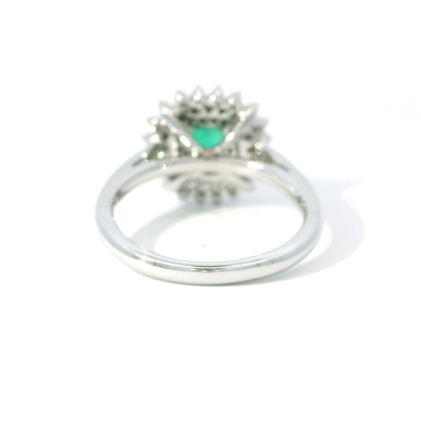 Round Emerald Starburst Double Halo Diamond Ring in 14K White Gold