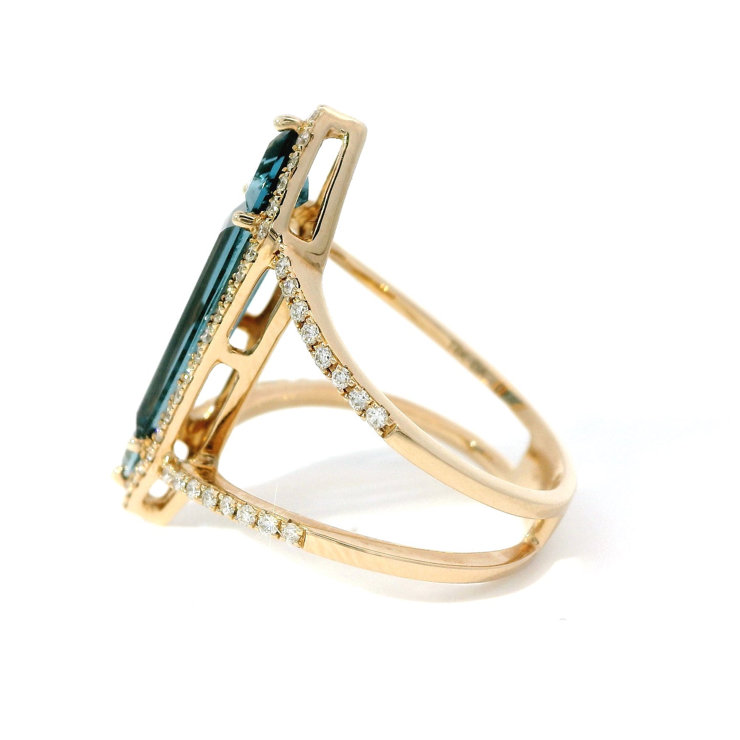 14K Rose Gold Geometric Blue Topaz & Diamond Halo Statement Ring